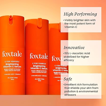 Foxtale 15% Vitamin C Face Serum for Glowing Skin, With Pure L-Ascorbic Acid and Vitamin E, Brightening Serum for Dark Spots