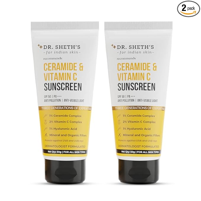 Dr Sheth Sunscreen SPF 50 Cream with Ceramide & Vitamin C for Oily Skin, Pack of 2