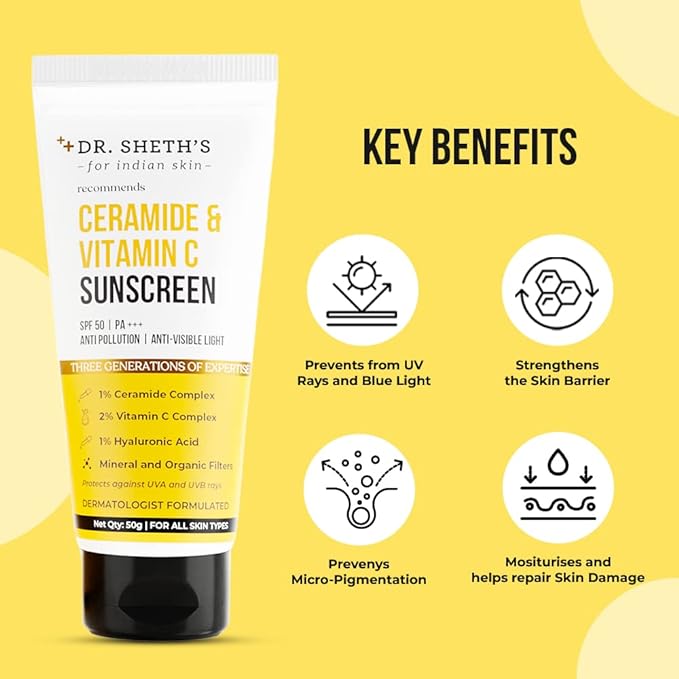 Dr Sheth Sunscreen SPF 50 Cream with Ceramide & Vitamin C for Oily Skin, Pack of 2