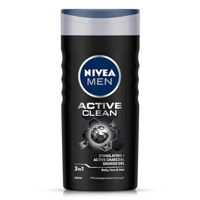 Nivea Men Body Wash, Active Clean with Active Charcoal, Shower Gel for Body, Face & Hair