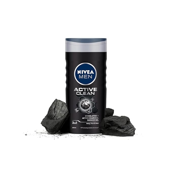 Nivea Men Body Wash, Active Clean with Active Charcoal, Shower Gel for Body, Face & Hair