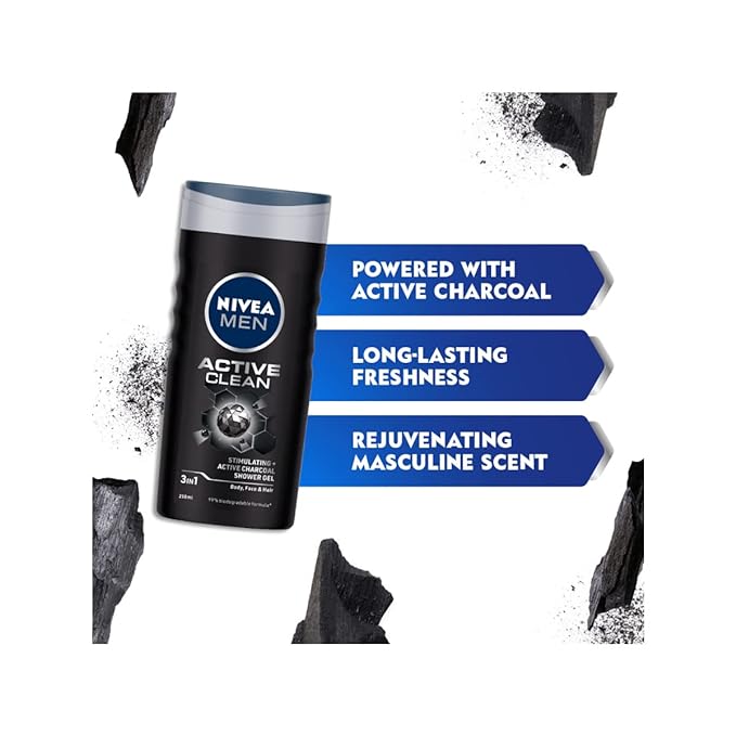Nivea Men Body Wash, Active Clean with Active Charcoal, Shower Gel for Body, Face & Hair