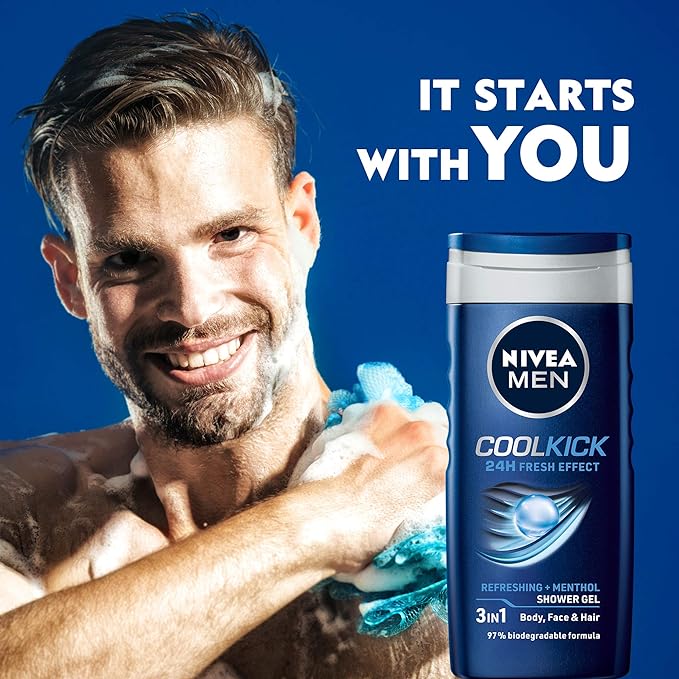 Nivea Men Cool Kick Body Wash Shower Gel for Face, Body & Hair