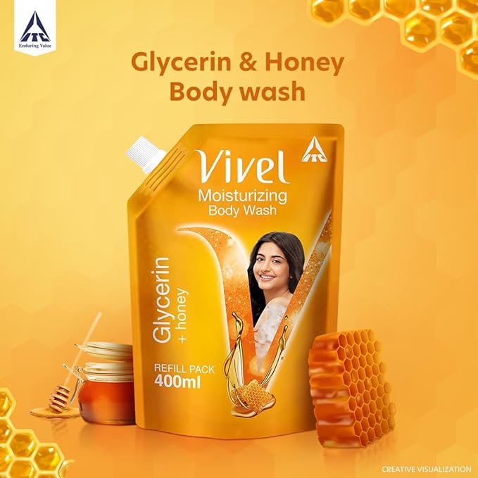 Vivel Body Wash, Glycerin and Honey, Moisturizing Shower Gel Liquid Refill Pouch Pack