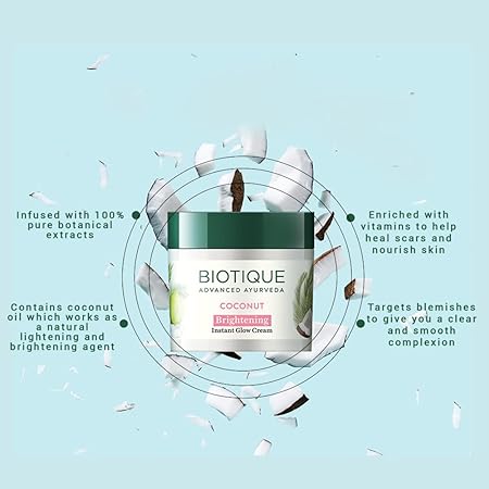 Biotique Coconut Brightening Instant Glow Cream Lightweight and Non-Greasy