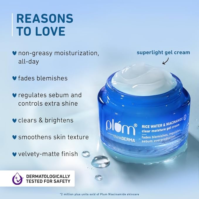 Plum 2% Niacinamide & Rice Water Super Light Gel Cream Moisturizer for Face