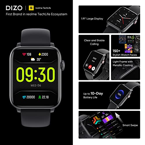 Dizo | 1.91" Super Big Display | Bluetooth Calling | by realme TechLife | Watch D2 Power Smartwatch with IP68 Resistance | 100+ Sports Modes & Health Tracking