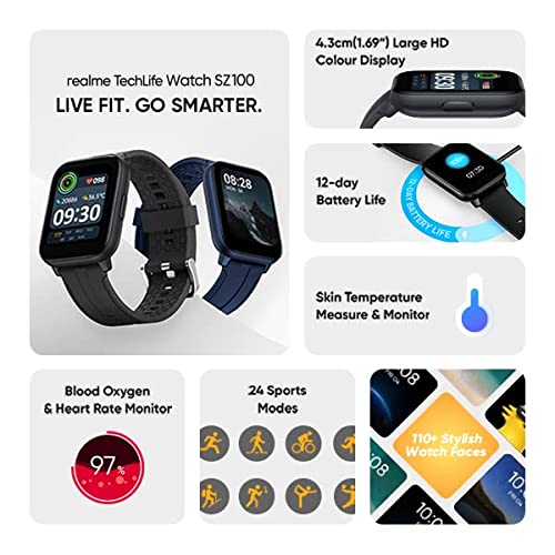 Realme | 1.69" HD Display | Temperature Monitor | Heart Rate Tracking | Techlife SZ100 Smartwatch with IP68 Resistance, SpO2 & Multiple Sports Modes