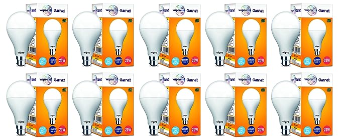 wipro Garnet Base B22D 20-Watt LED Bulb, White, Pack of 10
