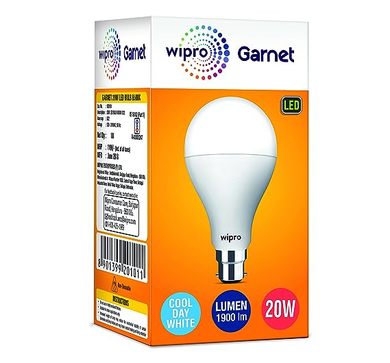 wipro Garnet Base B22D 20-Watt LED Bulb, White, Pack of 10