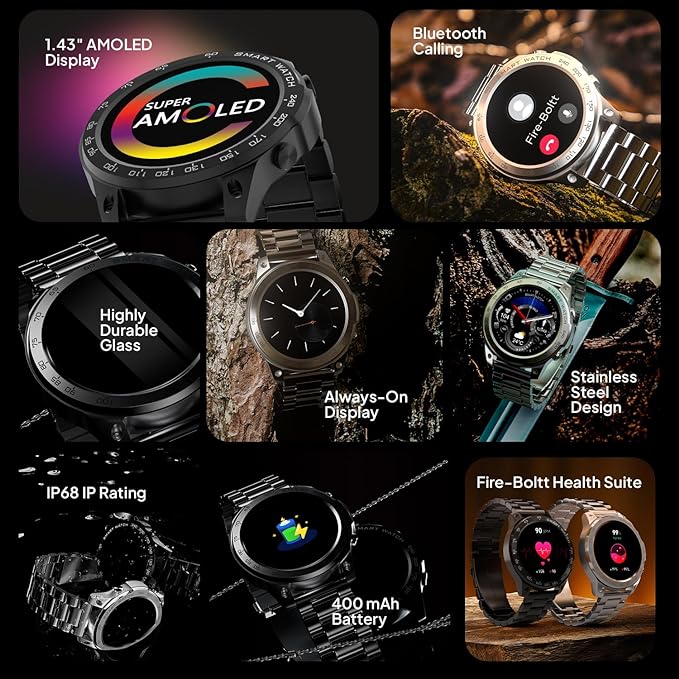 Fire-Boltt | 1.43" Super AMOLED Display | Stainless Steel Build | Bluetooth Calling | Dagger Luxe Smartwatch with Luxury Design, IP67 Resistance & 100+ Sports Modes