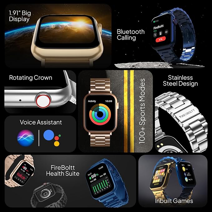 Fire-Boltt Lumos Stainless Steel Luxury Smartwatch with 1.91" Large HD Display |  Bluetooth Calling & AI Voice Assistant