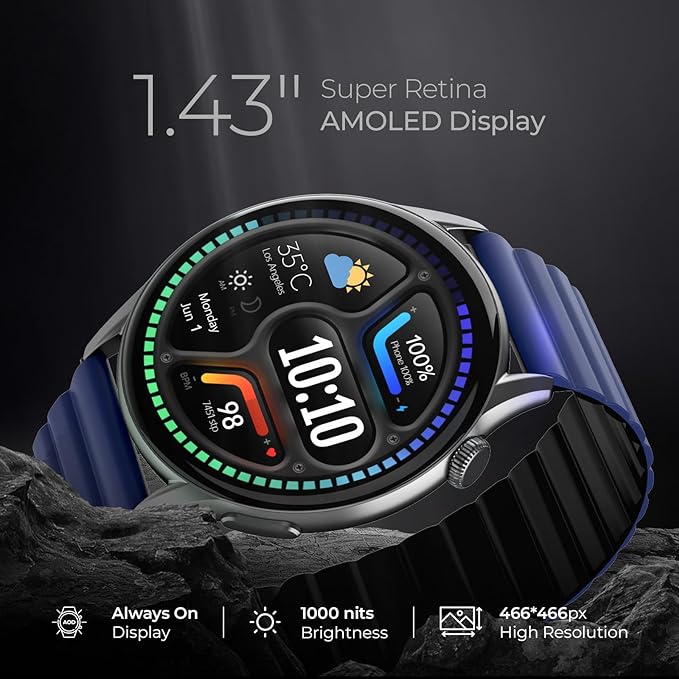 beatXP | Super Retina AMOLED Display | 1000 Nits Brightness | 60Hz Refresh Rate | Evoke Smartwatch with 1.43" Round Screen | BT Calling & 100+ Sports Modes
