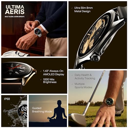 Boat Ultima Aeris 1.43inch Amoled Display | 1000 Nits Brightness | Ultra Slim 8Mm Metal Build | IP68 | Auto Hr & Spo2 Monitoring | Sleep & Stress Tracking | Stylish Smartwatch For Men and Women