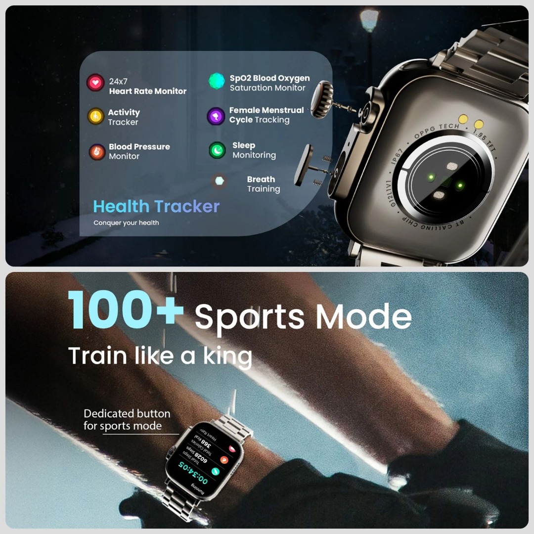 Goboult Crown 1.95'' Hd Display | BT Calling | Working Crown | 900 Nits | Spo2 Smartwatch