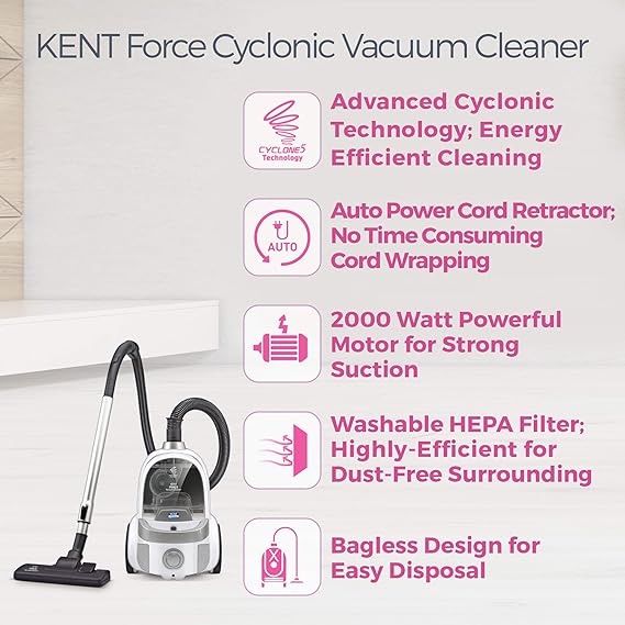 Kent Force Cyclonic Vacuum Cleaner Ksl 160 | 2000 W | Washable Hepa Filter | White &Silver