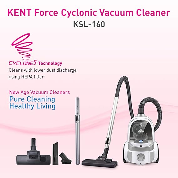 Kent Force Cyclonic Vacuum Cleaner Ksl 160 | 2000 W | Washable Hepa Filter | White &Silver