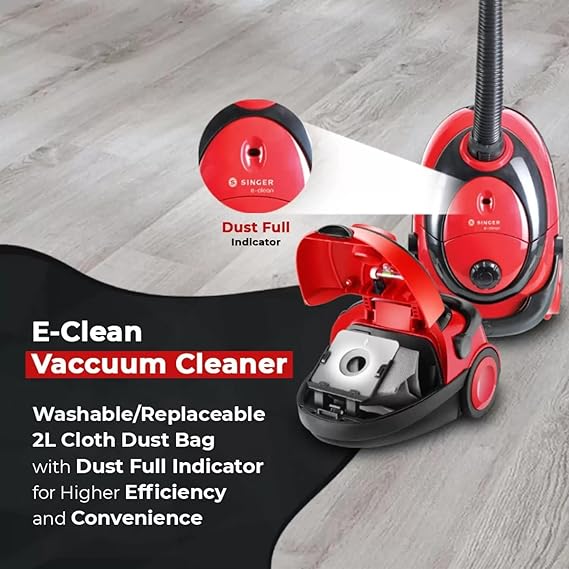Singer E Clean 1200 Watts Vacuum Cleaner | 2 L Cloth Dust Bag | Black &Red