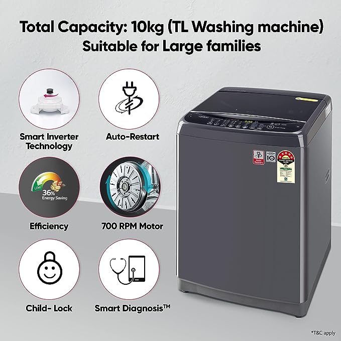 LG 10 Kg 5 Star Smart Inverter Fully-Automatic Top Load Washing Machine (T10SJMB1Z | Middle Black | TurboDrum | Jet Spray+)