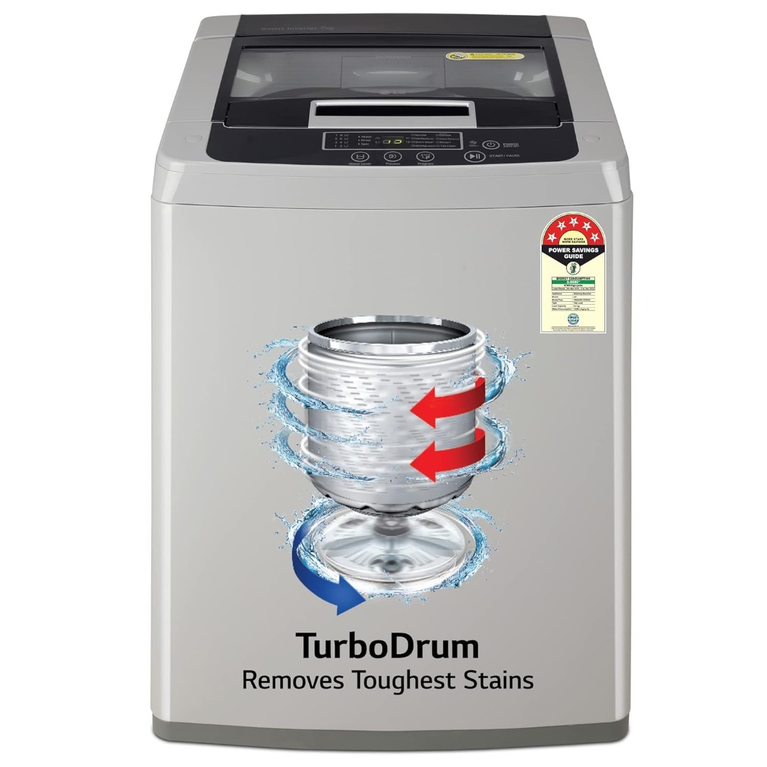 LG 8 Kg 5 Star Inverter Fully-Automatic Top Load Washing Machine (T80SKSF1Z | Middle Free Silver | Turbodrum)