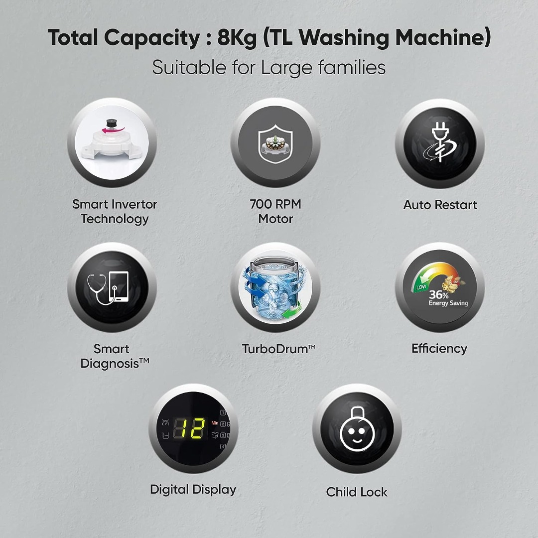 LG 8 Kg 5 Star Inverter Fully-Automatic Top Load Washing Machine (T80SKSF1Z | Middle Free Silver | Turbodrum)