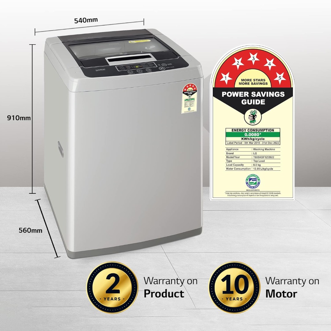 LG 8 Kg 5 Star Inverter Fully-Automatic Top Load Washing Machine (T80SKSF1Z | Middle Free Silver | Turbodrum)