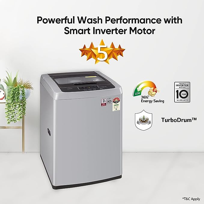 LG 6.5 Kg 5 Star Smart Inverter Fully-Automatic Top Loading Washing Machine (T65SKSF4Z | Middle Free Silver)