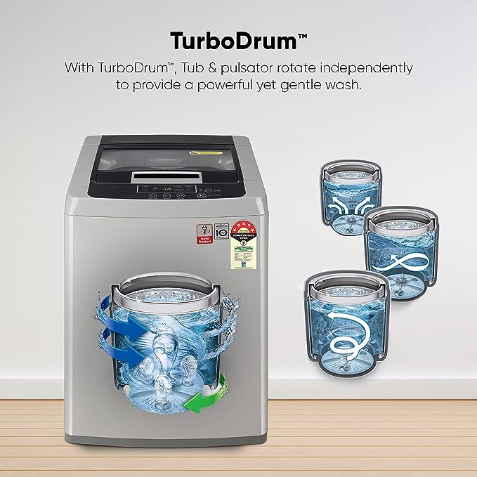 LG 7 Kg 5 Star Inverter TurboDrum Fully Automatic Top Loading Washing Machine (T70SKSF1Z | Middle Free Silver)
