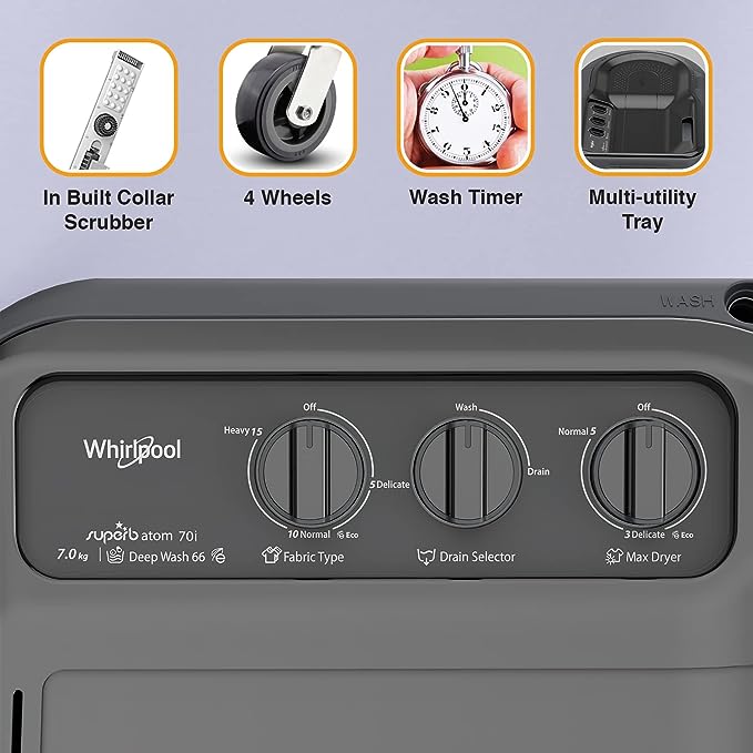 Whirlpool 7 Kg 5 Star Superb Atom Semi-Automatic Top Loading Washing Machine (SUPERB ATOM 70I Grey Dazzle | TurboScrub Technology)