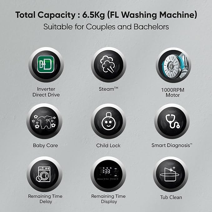 LG 6.5 Kg 5 Star Inverter Direct Drive Fully Automatic Front Load Washing Machine (FHM1065SDW | Steam Wash | In-Built Heater | Touch Panel | White)
