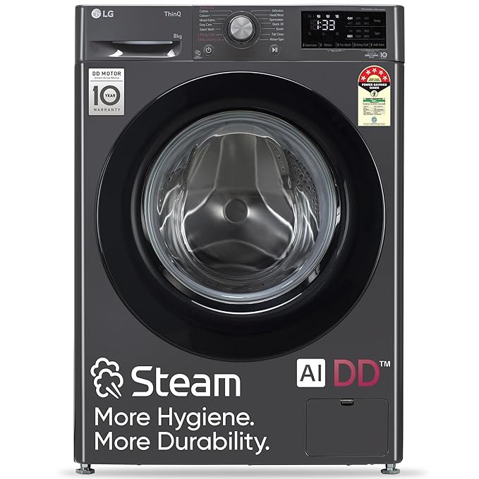 LG 8 Kg 5 Star Inverter AI Direct Drive Fully-Automatic Front Load Washing Machine with In-Built Heater (FHP1208Z3M | Middle Black | 6 Motion Direct Drive Technology &Steam for Hygiene Wash)