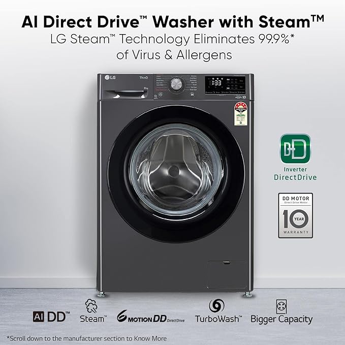 LG 8 Kg 5 Star Inverter AI Direct Drive Fully-Automatic Front Load Washing Machine with In-Built Heater (FHP1208Z3M | Middle Black | 6 Motion Direct Drive Technology &Steam for Hygiene Wash)