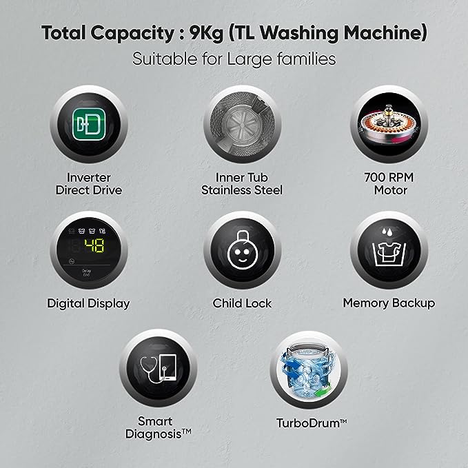 LG 9 Kg 5 Star Inverter Fully-Automatic Top Load Washing Machine (THD09NPF | Middle Free Silver | AIDD Technology)