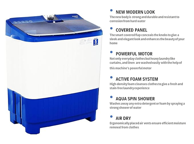 Panasonic 8 kg 5 Star Semi-Automatic Top Loading Washing Machine with Powerful Motor (NA-W80B5ARB | Blue | Active Foam System)