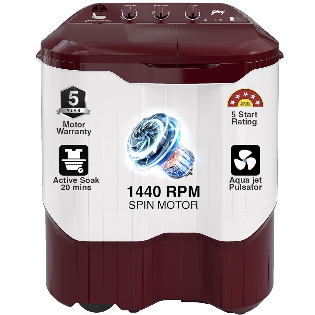 Godrej 9 Kg 5 Star Semi-Automatic Top Load Washing Machine With Rain Shower Spin (WS EDGEPRO 90 5.0 PPB3 WNRD | Wine Red)