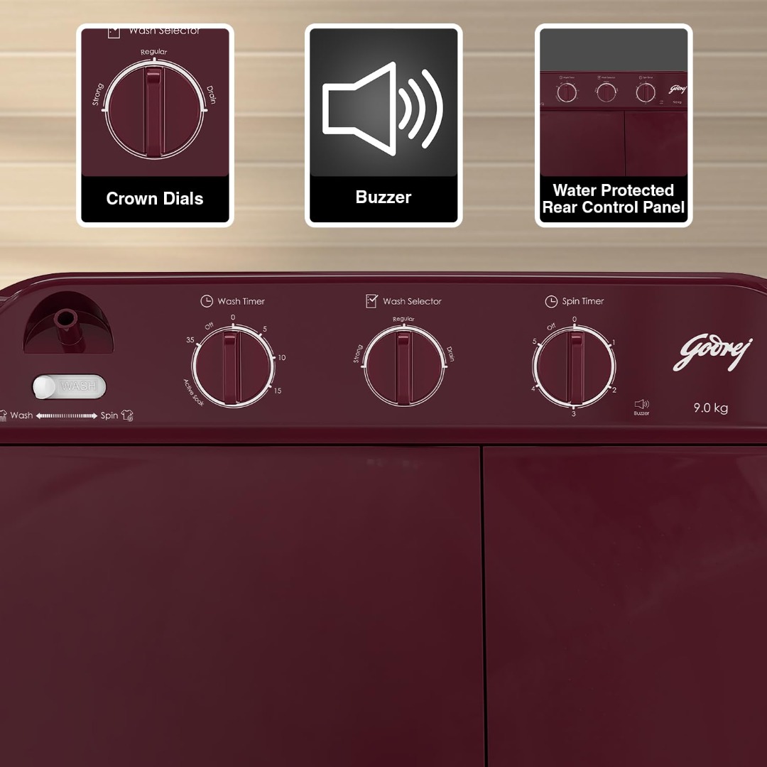 Godrej 9 Kg 5 Star Semi-Automatic Top Load Washing Machine With Rain Shower Spin (WS EDGEPRO 90 5.0 PPB3 WNRD | Wine Red)