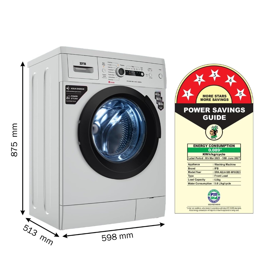 IFB 6 Kg 5 Star Front Load Washing Machine 2X Power Steam (DIVA AQUA GBS 6010 | 2023 Model | Grey)