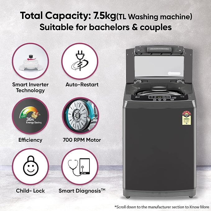 LG 7.5 Kg 5 Star Fully Automatic Top Load Washing Machine T75SKMB1Z | Middle Black