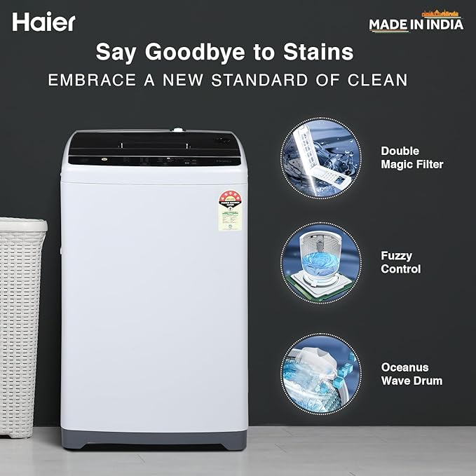 Haier 6 Kg Fully Automatic Washing Machine with Oceanus Wave Drum | Magic Filter | Balance clean Pulsator | 8 Wash Program HWM60-AE | Titanium