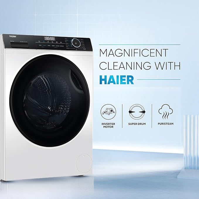 Haier 8 Kg 5 Star Inverter Direct Motion Motor Fully Automatic Front Load Washing Machine HW80-IM12929C | 525 Super Drum | Puri Steam | White