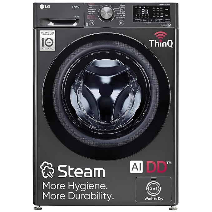 LG 9 Kg (Wash) / 5 Kg (Dry) AI Direct Drive with Wi-Fi Fully Automatic Front-Loading Washer Dryer FHD0905SWM | Middle Black