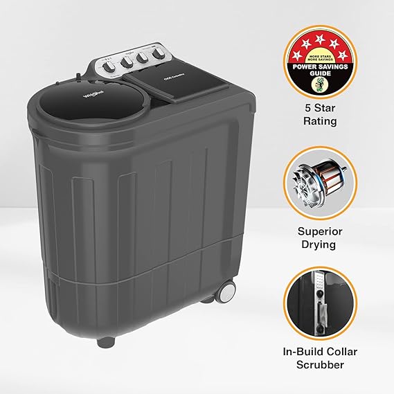 Whirlpool 7.5kg 5 Star TurboDry Semi-Automatic Top Loading Washing Machine ACE 7.5 TRB DRY MAX | Grey Dazzle