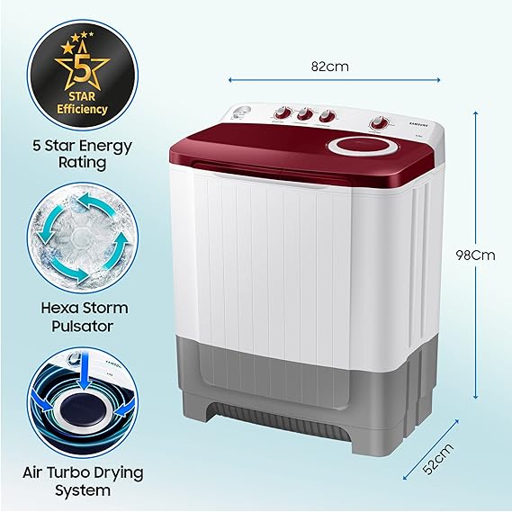 Samsung 8.0 Kg Semi-Automatic 5 Star Top Loading Washing Machine (WT80R4000RG/TL | Light Grey | Wine Red Lid (Opaque) | Hexa Storm Pulsator)