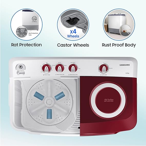 Samsung 8.0 Kg Semi-Automatic 5 Star Top Loading Washing Machine (WT80R4000RG/TL | Light Grey | Wine Red Lid (Opaque) | Hexa Storm Pulsator)