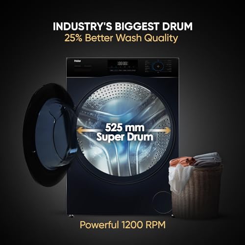 Haier 8 Kg 5 Star Fully Automatic Front Load Washing Machine EFL80-IM12IBIEBK | Puristeam | Refresh | 1200 RPM | Inverter | 525mm Super Drum | Anti Bacterial Steam | Black