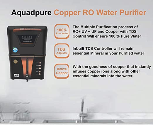 Aquadpure Copper + Mineral RO+UV+UF, 10 to 12 Liter, Black