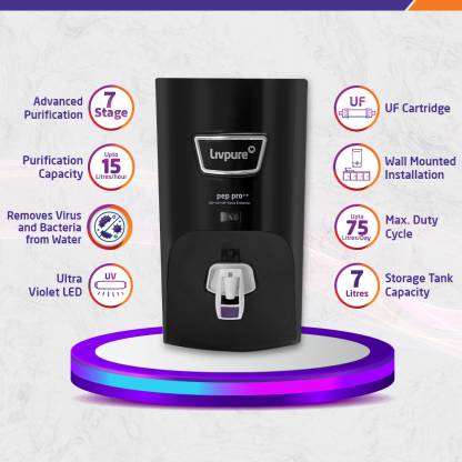 Livpure GLO PRO++ RO+UV+UF+Taste Enhancer, Water Purifier for Home, 7L Storage, Black