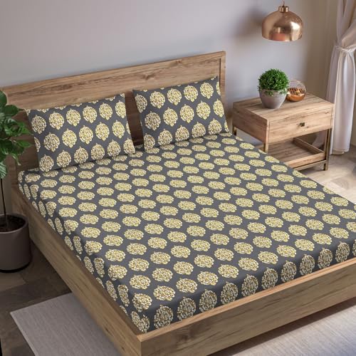 Trance Home Linen 200TC 100% Cotton King Size Printed Bedsheet | Bedding Set of King Size Flat Bed Cover with 2 Pillow Covers