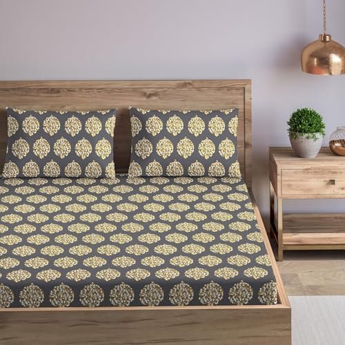 Trance Home Linen 200TC 100% Cotton King Size Printed Bedsheet | Bedding Set of King Size Flat Bed Cover with 2 Pillow Covers