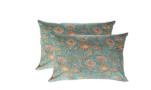 Texstylers Cotton Light Blue and Orange Reversible 12 x 18 Inches Jaipuri Printed Small Cushions Pillow Cover, Pack of 2